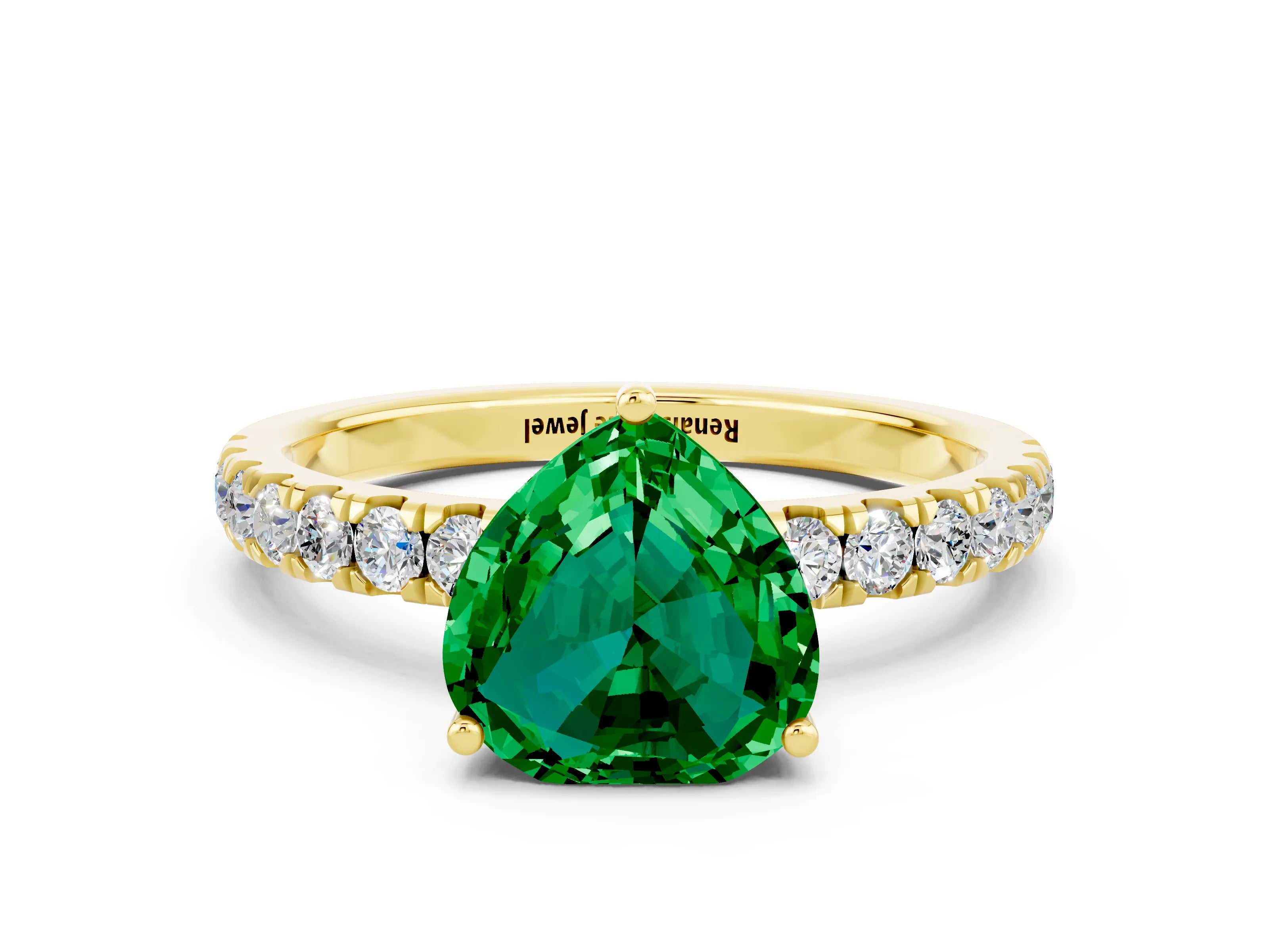 Yellow gold Heart Cut Emerald Pave Band Solitaire Ring with Four-Prong Setting_24