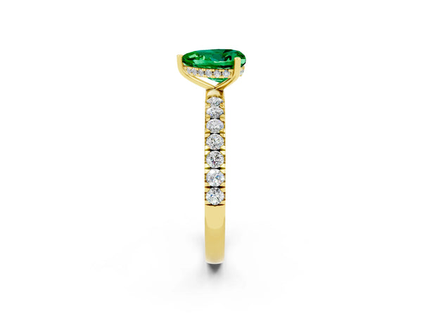 Yellow gold Heart Cut Emerald Pave Band Solitaire Ring with Round  and Prong Setting