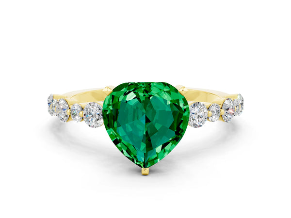 Yellow gold Heart Cut Emerald Prong Set Engagement Ring with Pavé Band