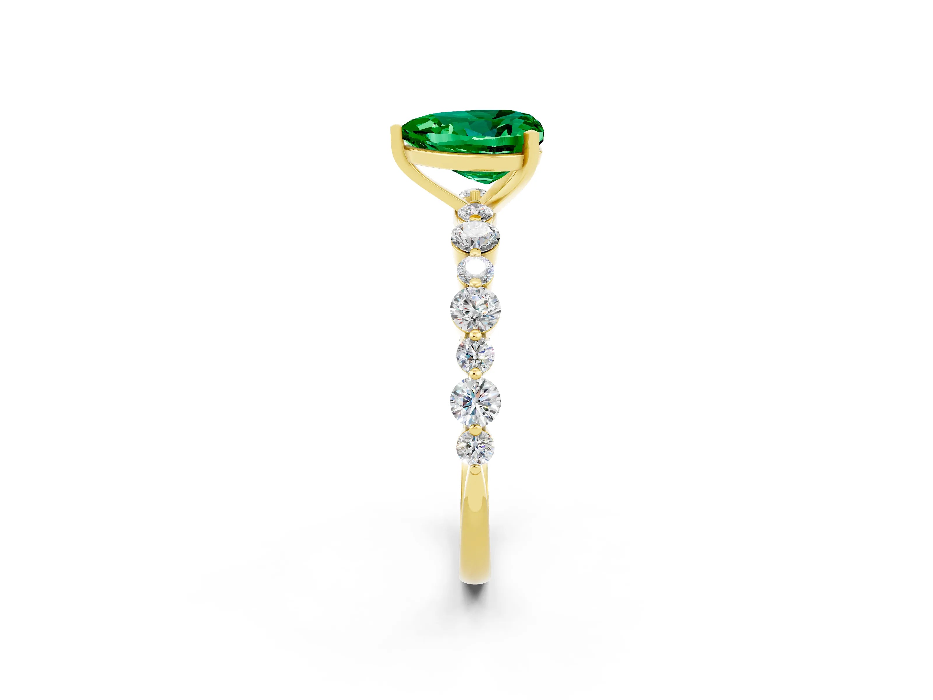 Yellow gold Heart Cut Emerald Prong Set Engagement Ring with Pavé Band_2