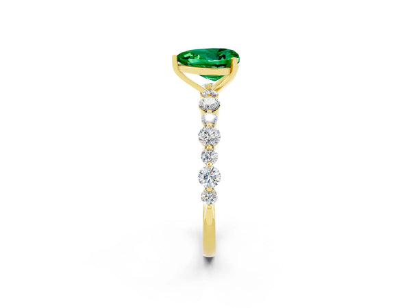 Yellow gold Heart Cut Emerald Prong Set Engagement Ring with Pavé Band