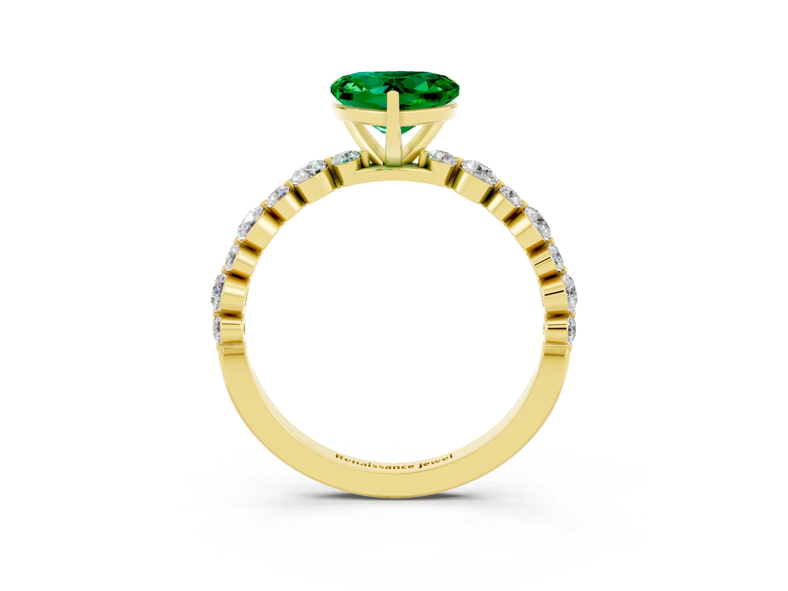 Yellow gold Heart Cut Emerald Prong Set Engagement Ring with Pavé Band_3