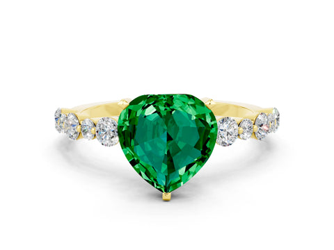 Yellow gold Heart Cut Emerald Prong Set Engagement Ring with Pavé Band