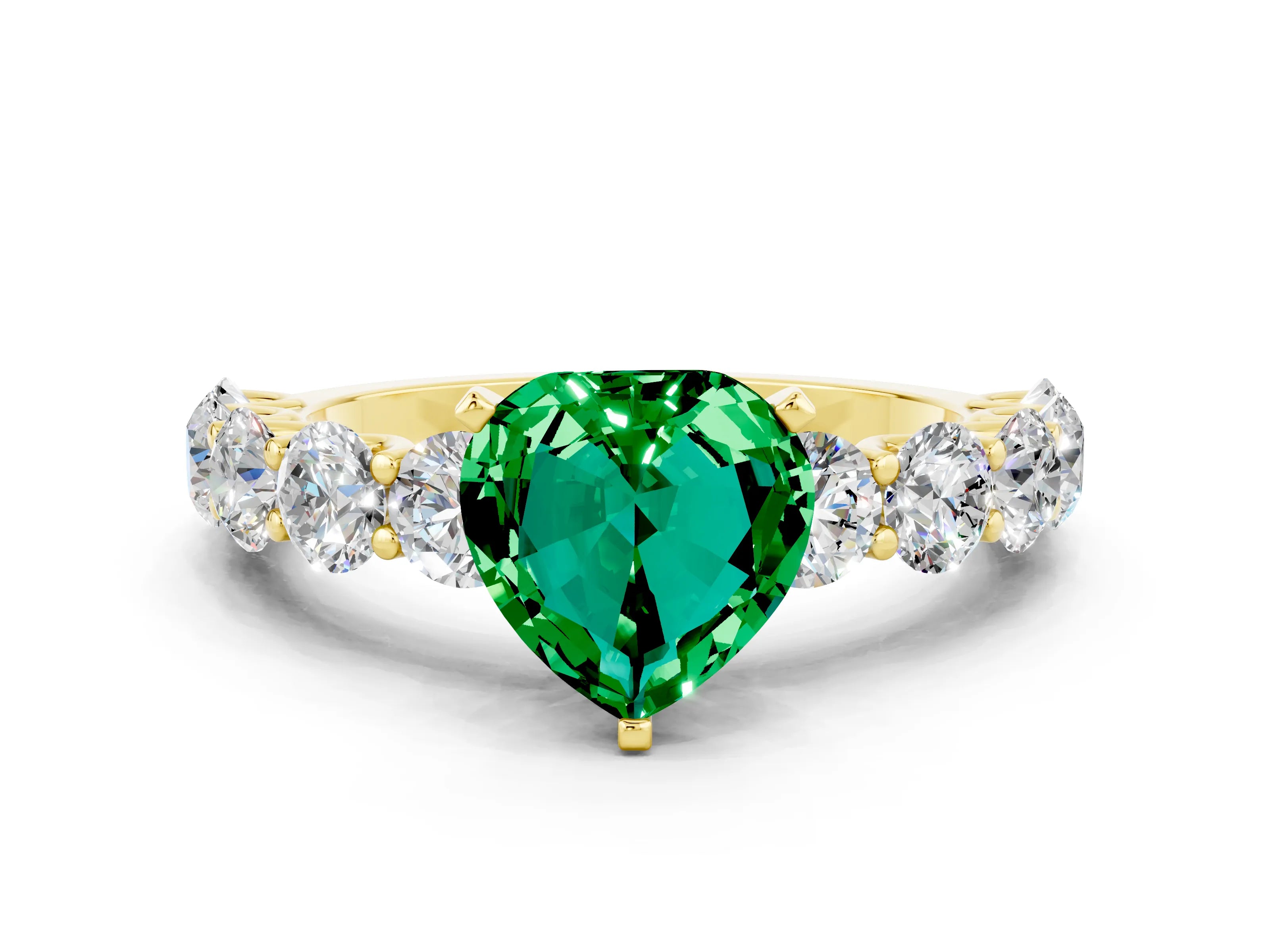 Yellow gold Heart Cut Emerald Prong Setting with Side Stones on a Pave Band