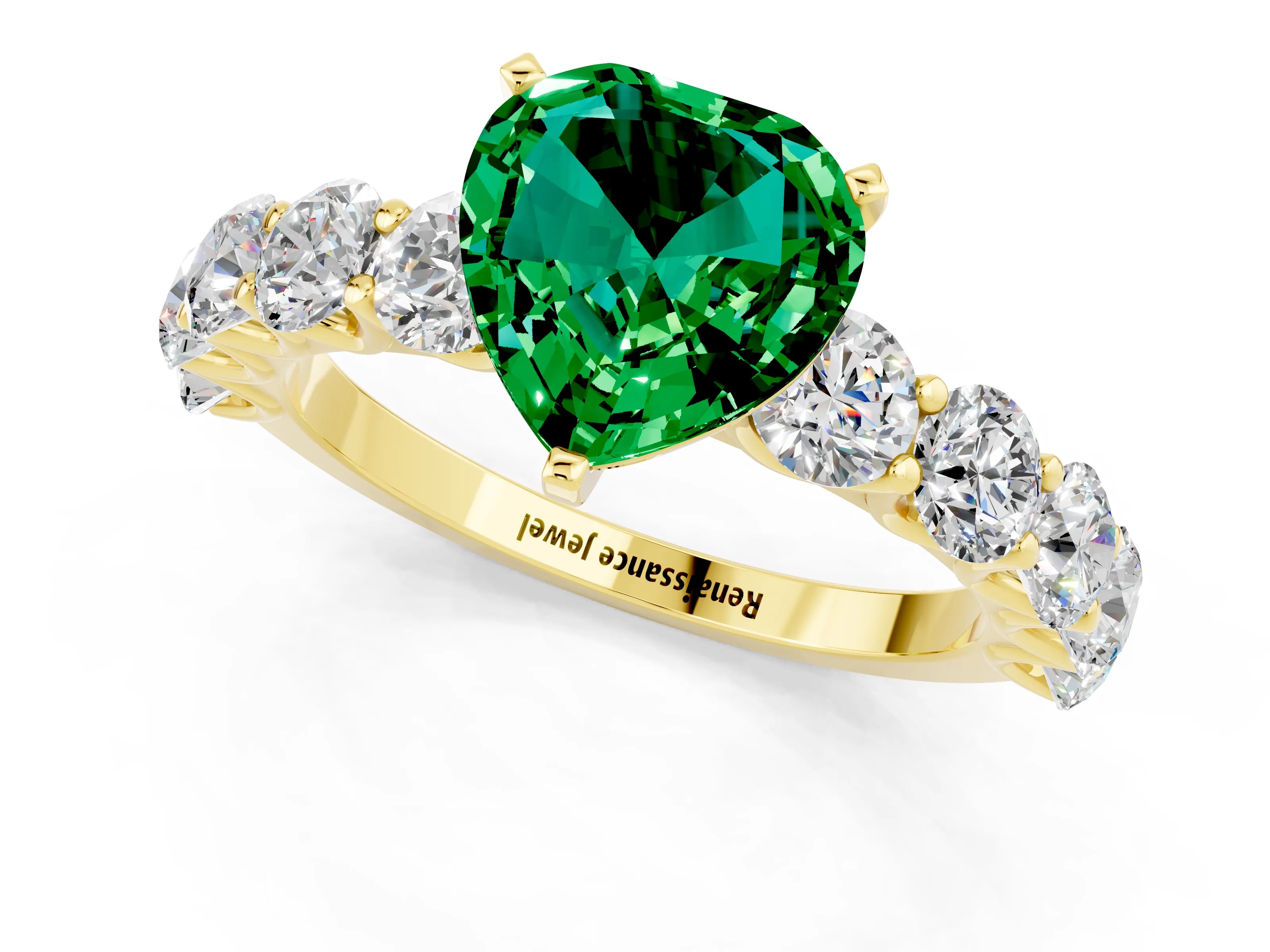 Yellow gold Heart Cut Emerald Prong Setting with Side Stones on a Pave Band_1