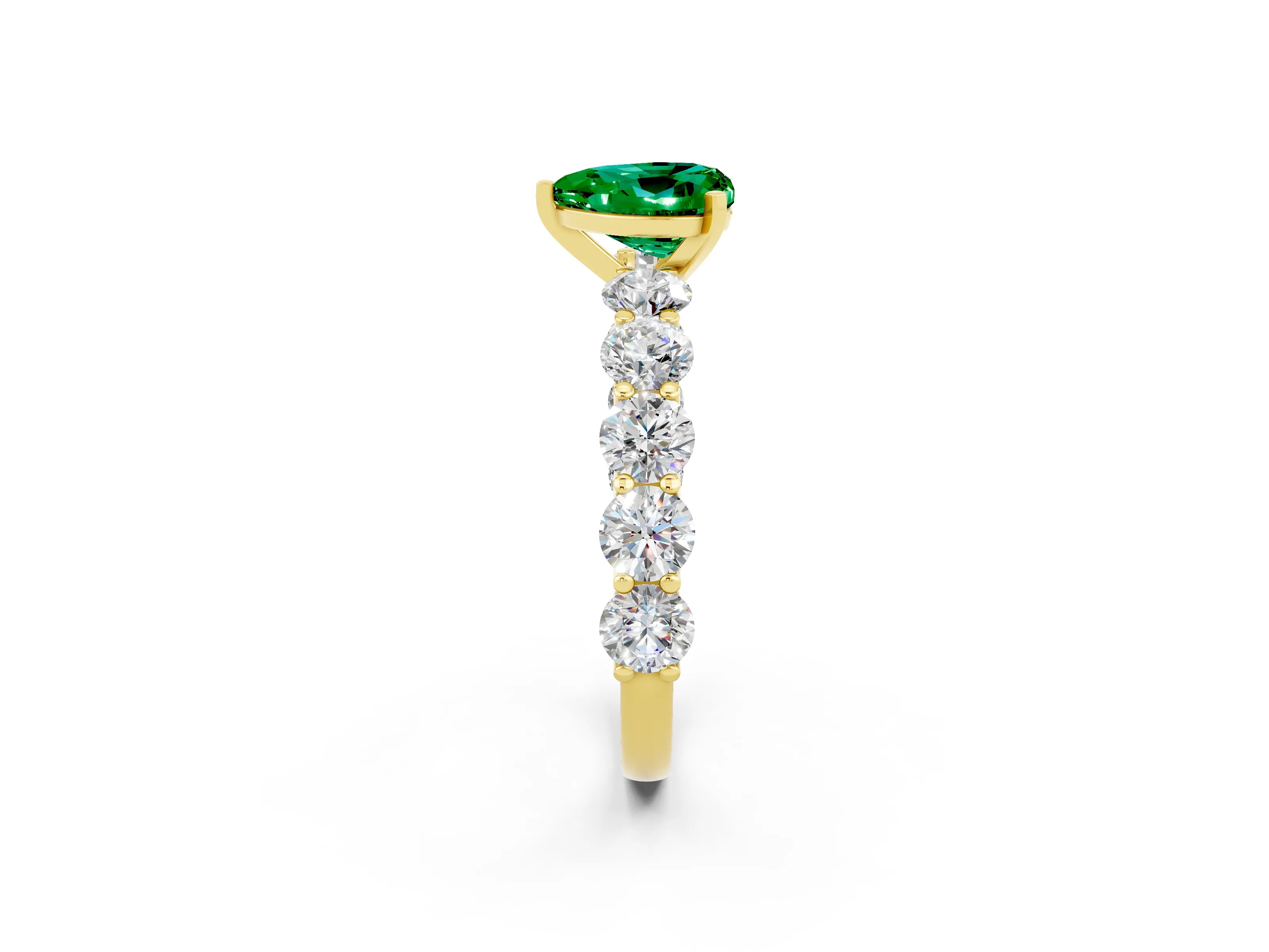 Yellow gold Heart Cut Emerald Prong Setting with Side Stones on a Pave Band_2
