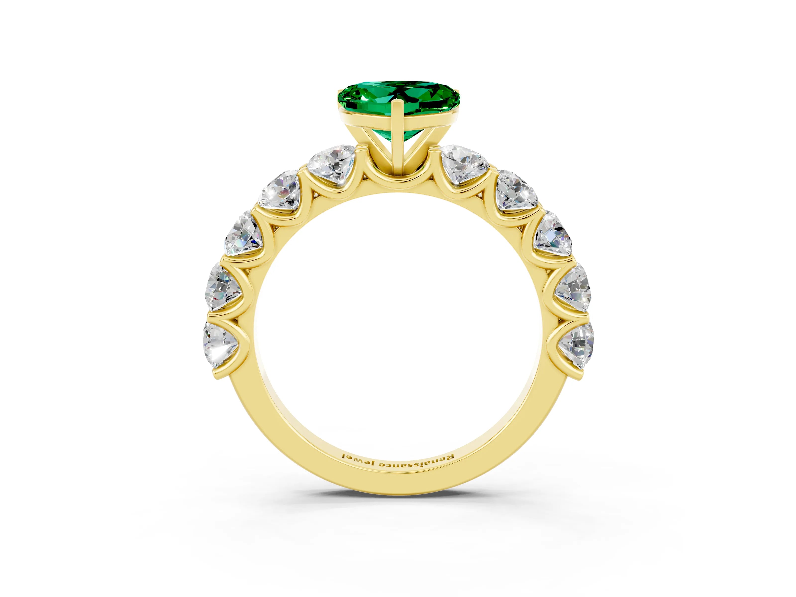 Yellow gold Heart Cut Emerald Prong Setting with Side Stones on a Pave Band_3
