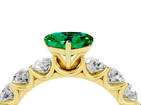 Yellow gold Heart Cut Emerald Prong Setting with Side Stones on a Pave Band_4