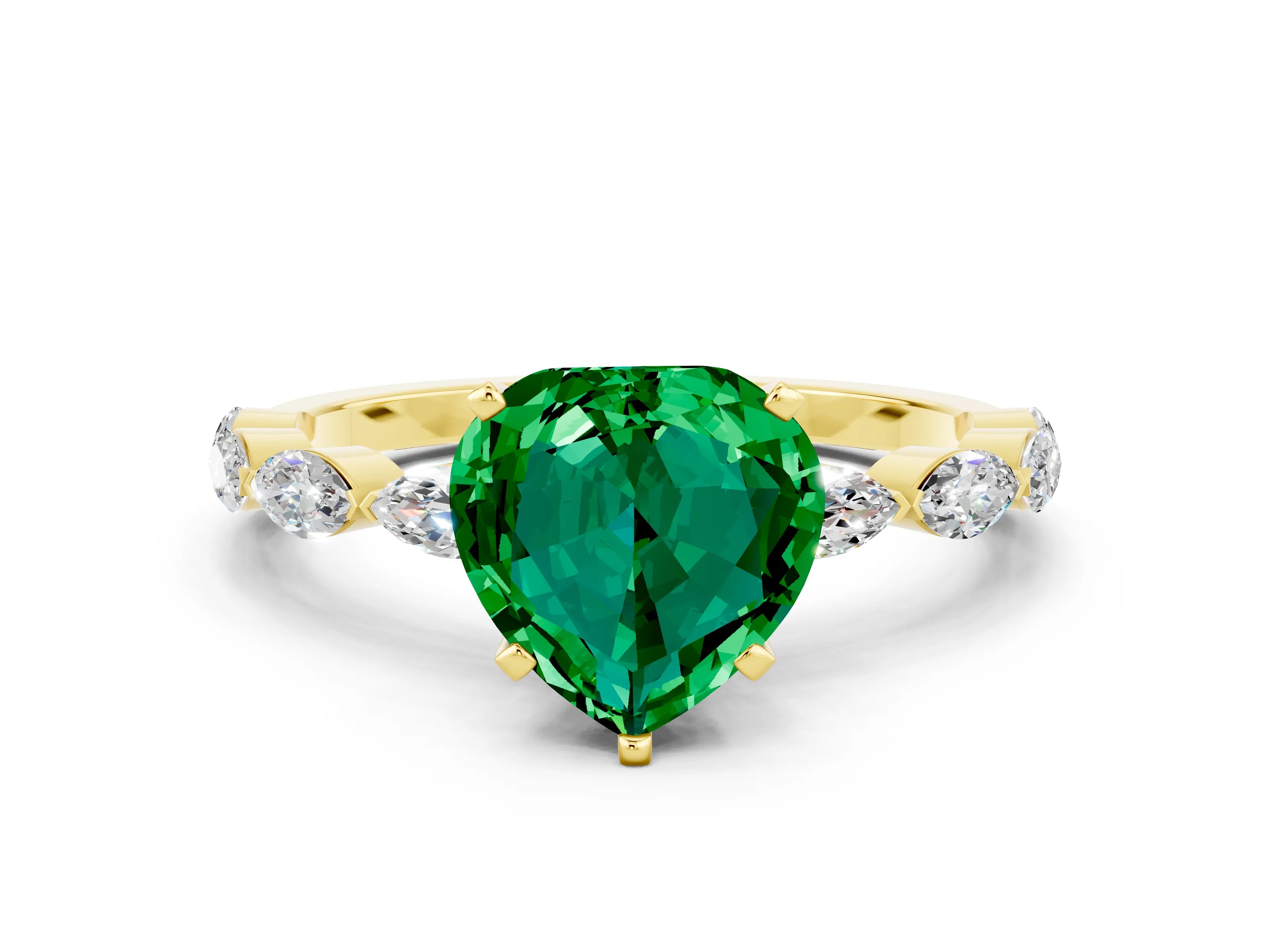 Yellow gold Heart Cut Emerald Ring with Marquise Side Stones and Prong Setting