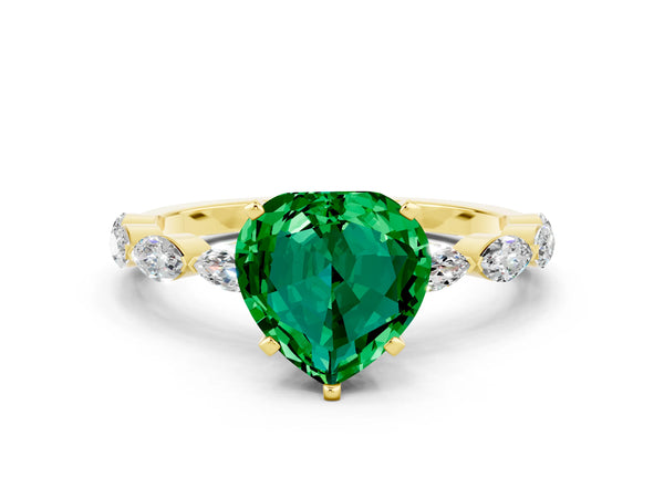 Yellow gold Heart Cut Emerald Ring with Marquise Side Stones and Prong Setting