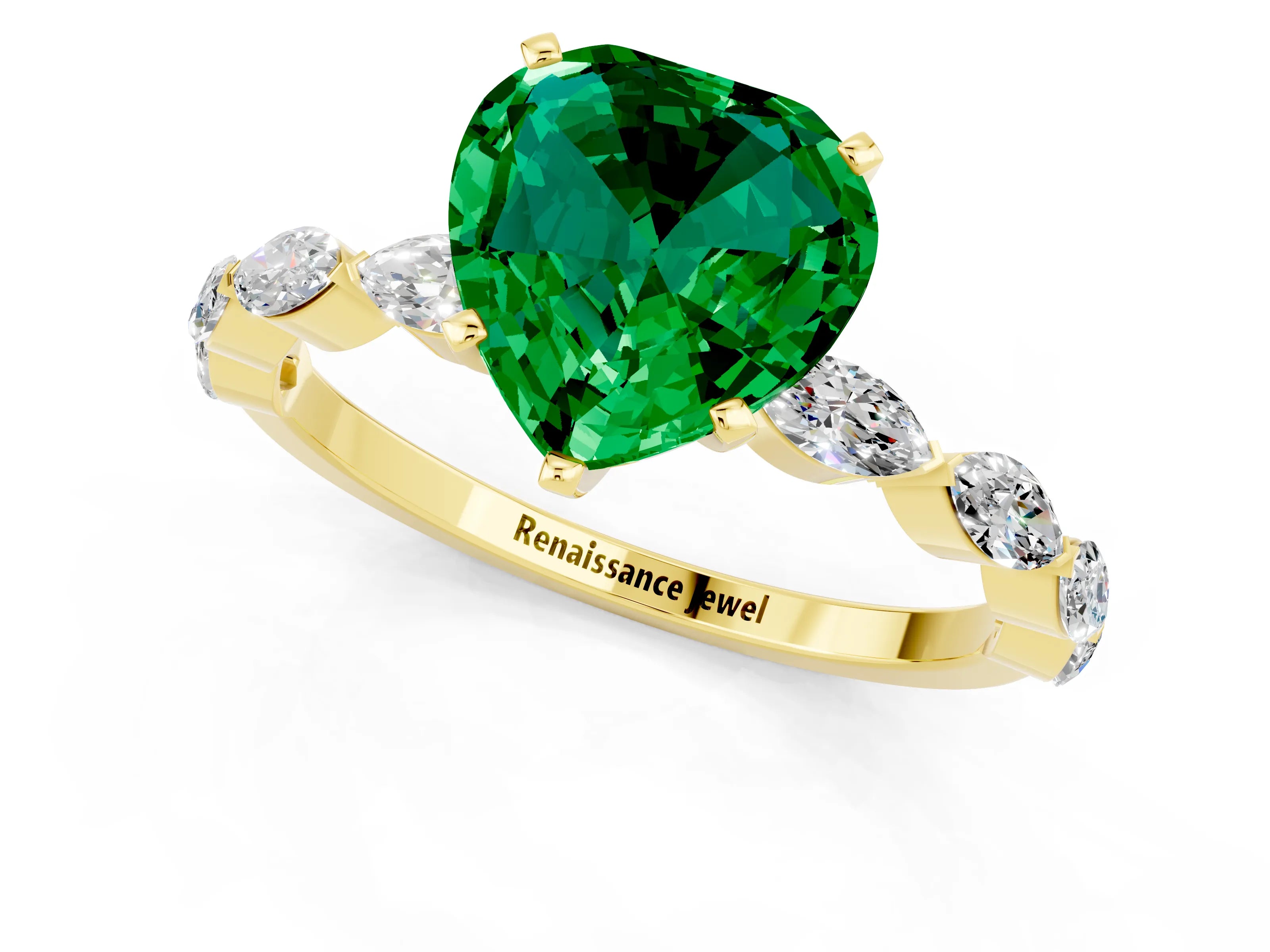 Yellow gold Heart Cut Emerald Ring with Marquise Side Stones and Prong Setting_1
