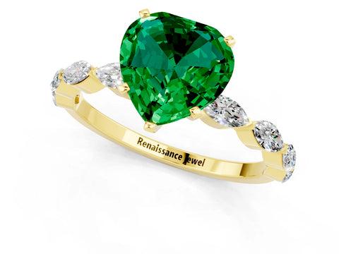 Yellow gold Heart Cut Emerald Ring with Marquise Side Stones and Prong Setting_1
