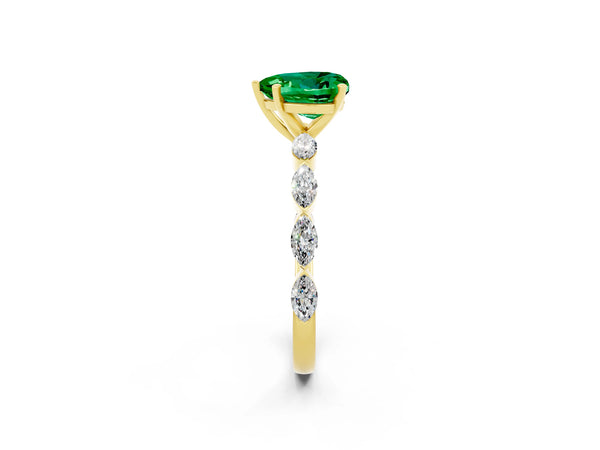 Yellow gold Heart Cut Emerald Ring with Marquise Side Stones and Prong Setting