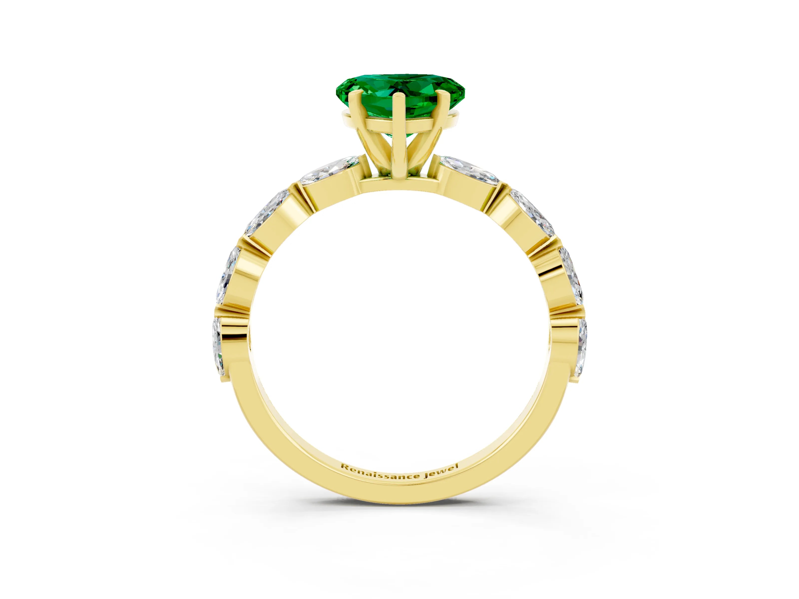 Yellow gold Heart Cut Emerald Ring with Marquise Side Stones and Prong Setting_3