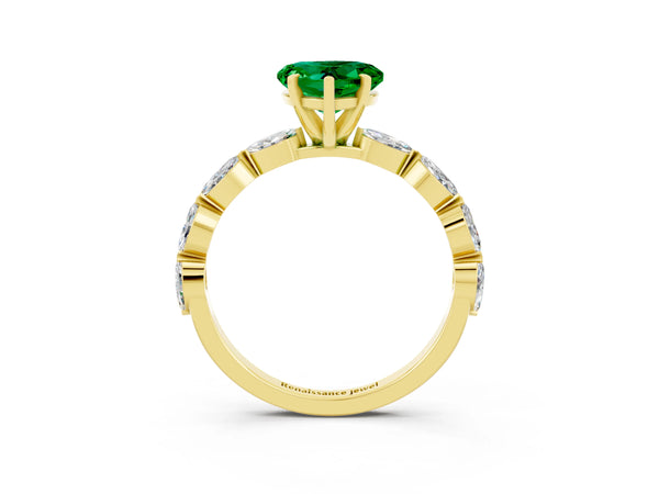 Yellow gold Heart Cut Emerald Ring with Marquise Side Stones and Prong Setting
