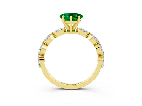 Yellow gold Heart Cut Emerald Ring with Marquise Side Stones and Prong Setting_3