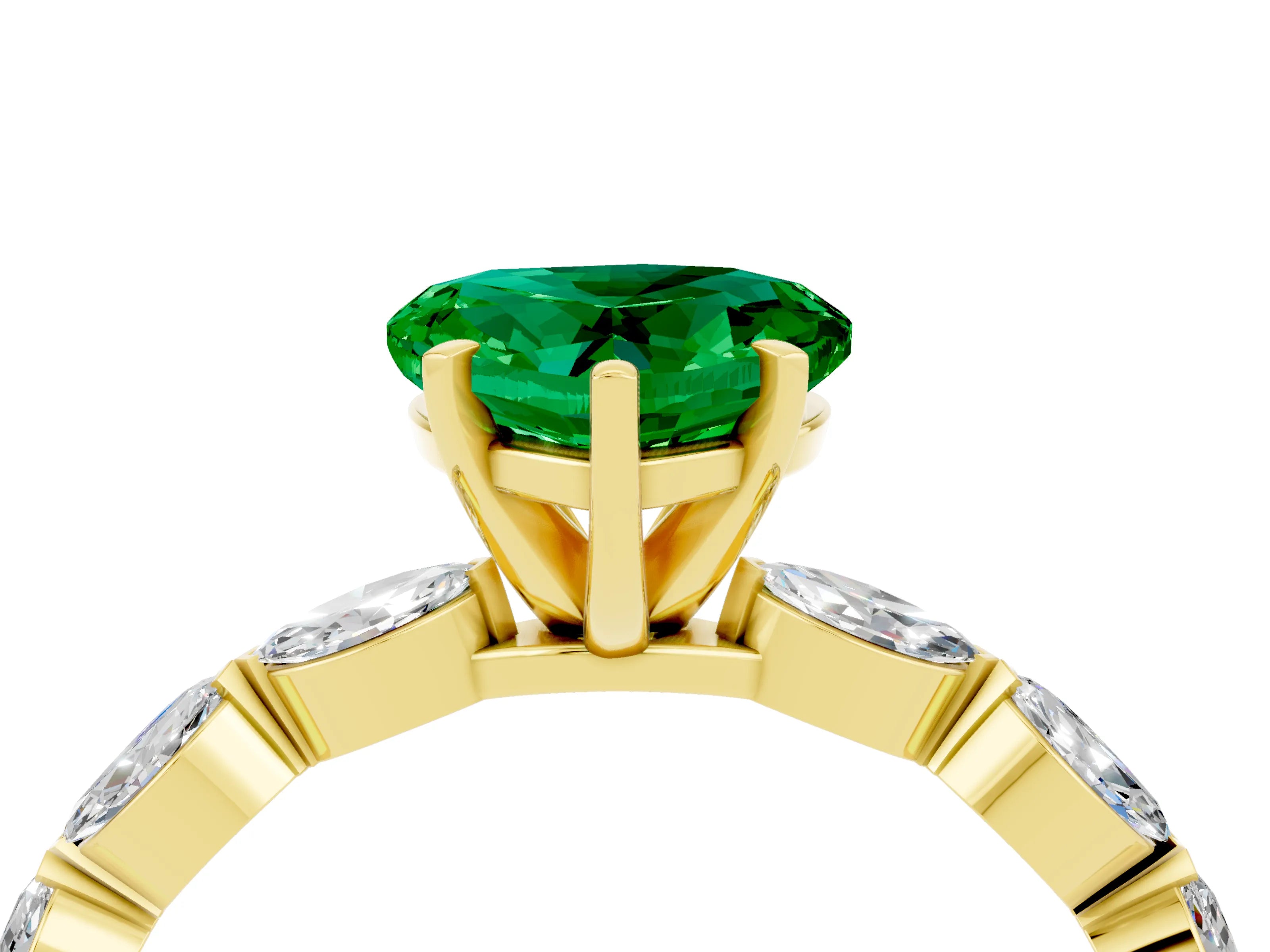 Yellow gold Heart Cut Emerald Ring with Marquise Side Stones and Prong Setting_4