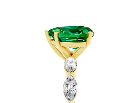 Yellow gold Heart Cut Emerald Ring with Marquise Side Stones and Prong Setting_5