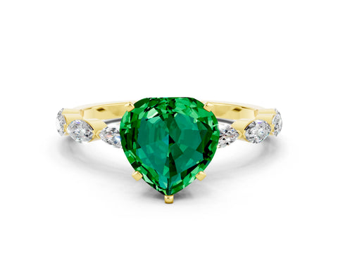 Yellow gold Heart Cut Emerald Ring with Marquise Side Stones and Prong Setting