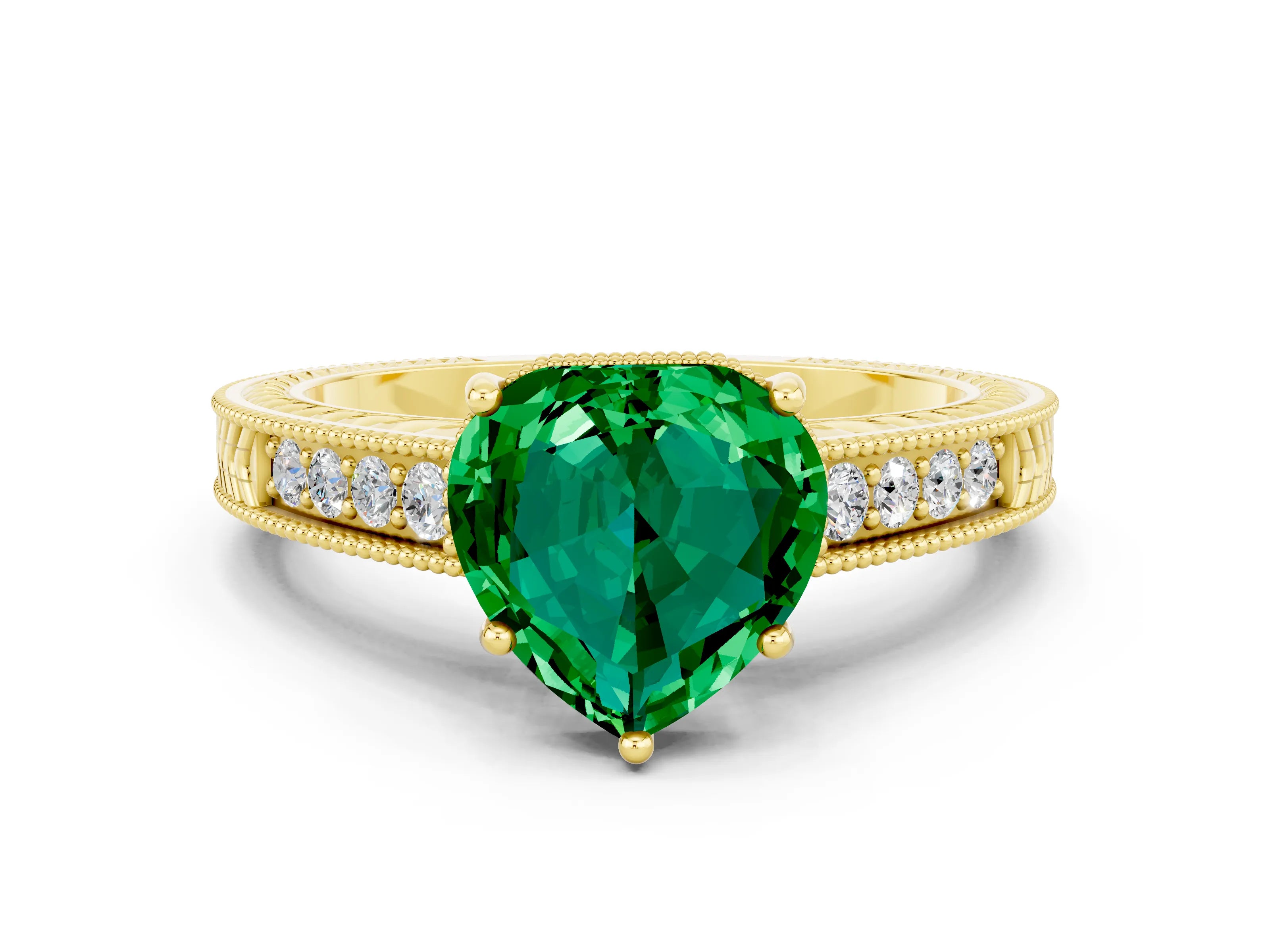Yellow gold Heart Cut Emerald Ring with Milgrain Pavé Band and Four-Prong Setting_12