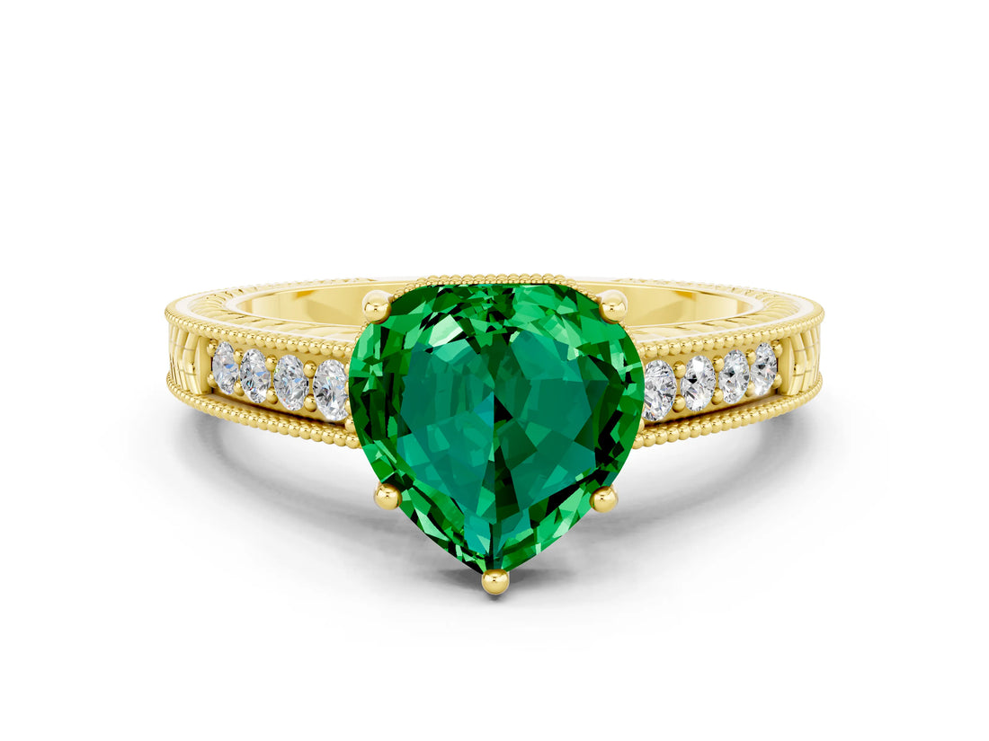Yellow gold Heart Cut Emerald Ring with Milgrain Pavé Band and Four-Prong Setting_12