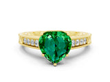 Yellow gold Heart Cut Emerald Ring with Milgrain Pavé Band and Four-Prong Setting_12