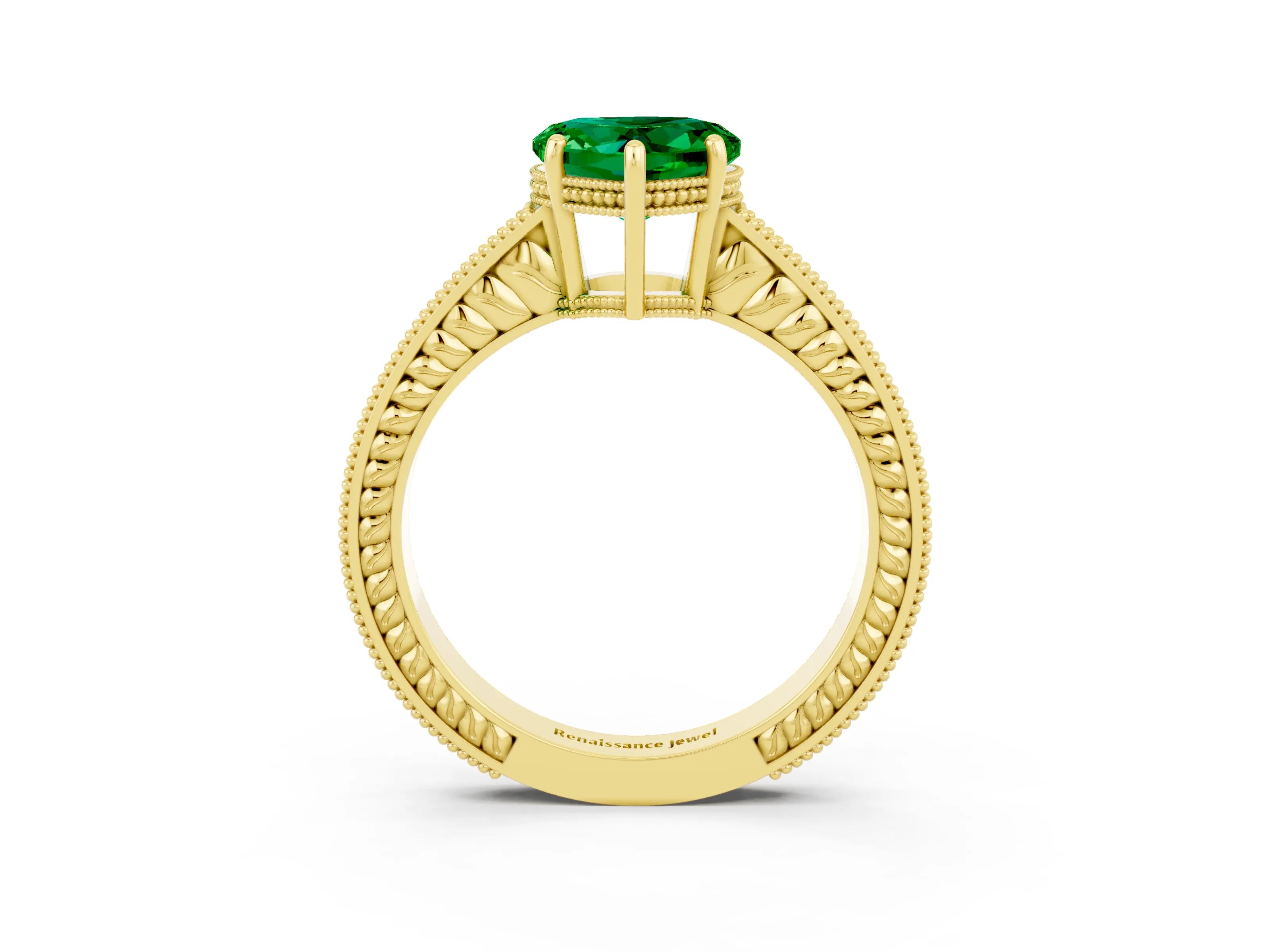 Yellow gold Heart Cut Emerald Ring with Milgrain Pavé Band and Four-Prong Setting_15