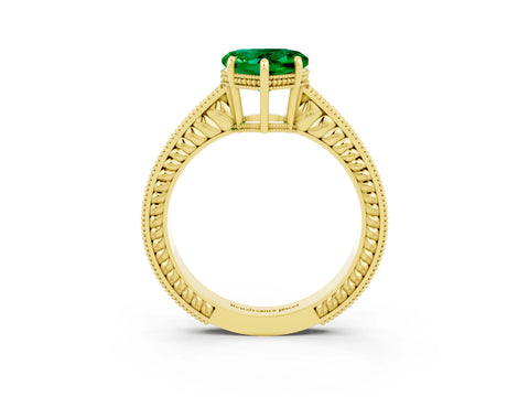 Yellow gold Heart Cut Emerald Ring with Milgrain Pavé Band and Four-Prong Setting_15