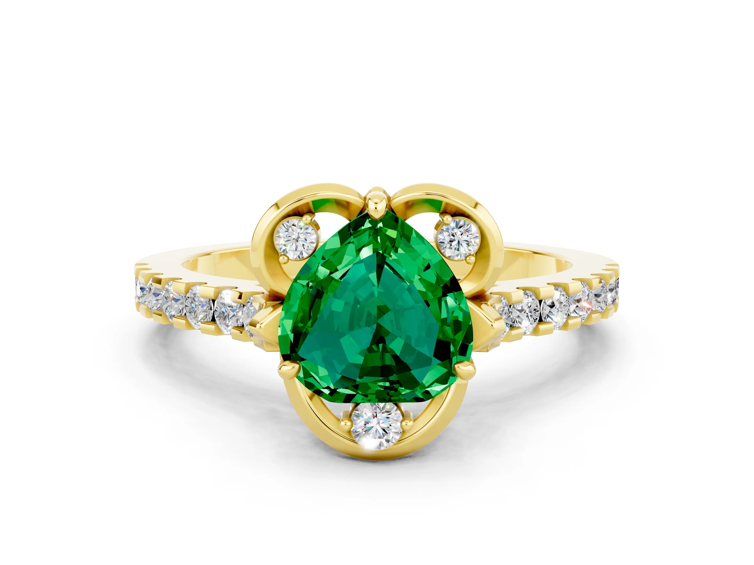 Yellow gold Heart Cut Emerald Ring with Pavé Band and Floral Prong Setting