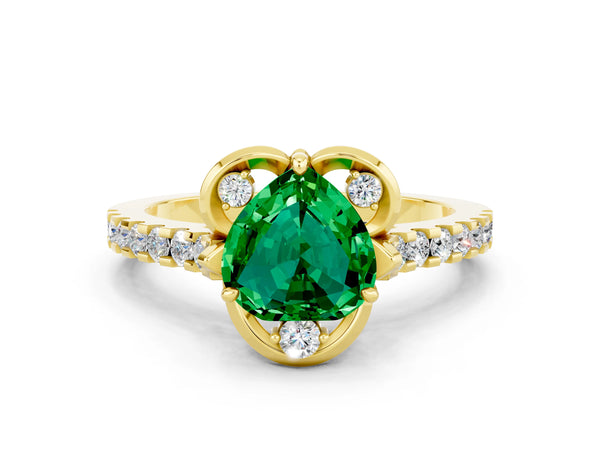 Yellow gold Heart Cut Emerald Ring with Pavé Band and Floral Prong Setting
