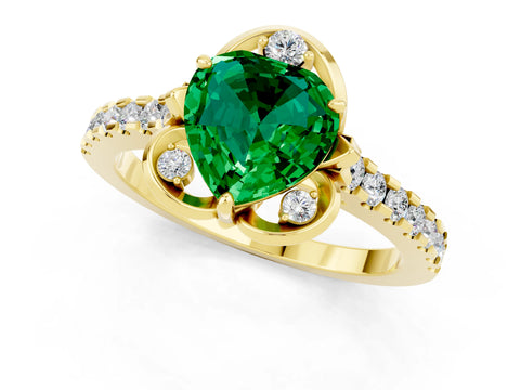 Yellow gold Heart Cut Emerald Ring with Pavé Band and Floral Prong Setting_1
