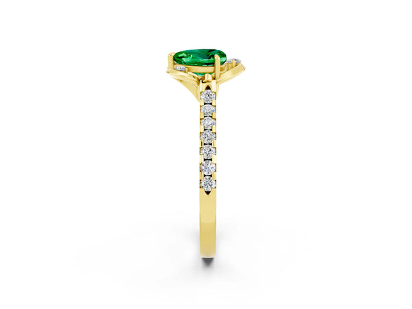 Yellow gold Heart Cut Emerald Ring with Pavé Band and Floral Prong Setting