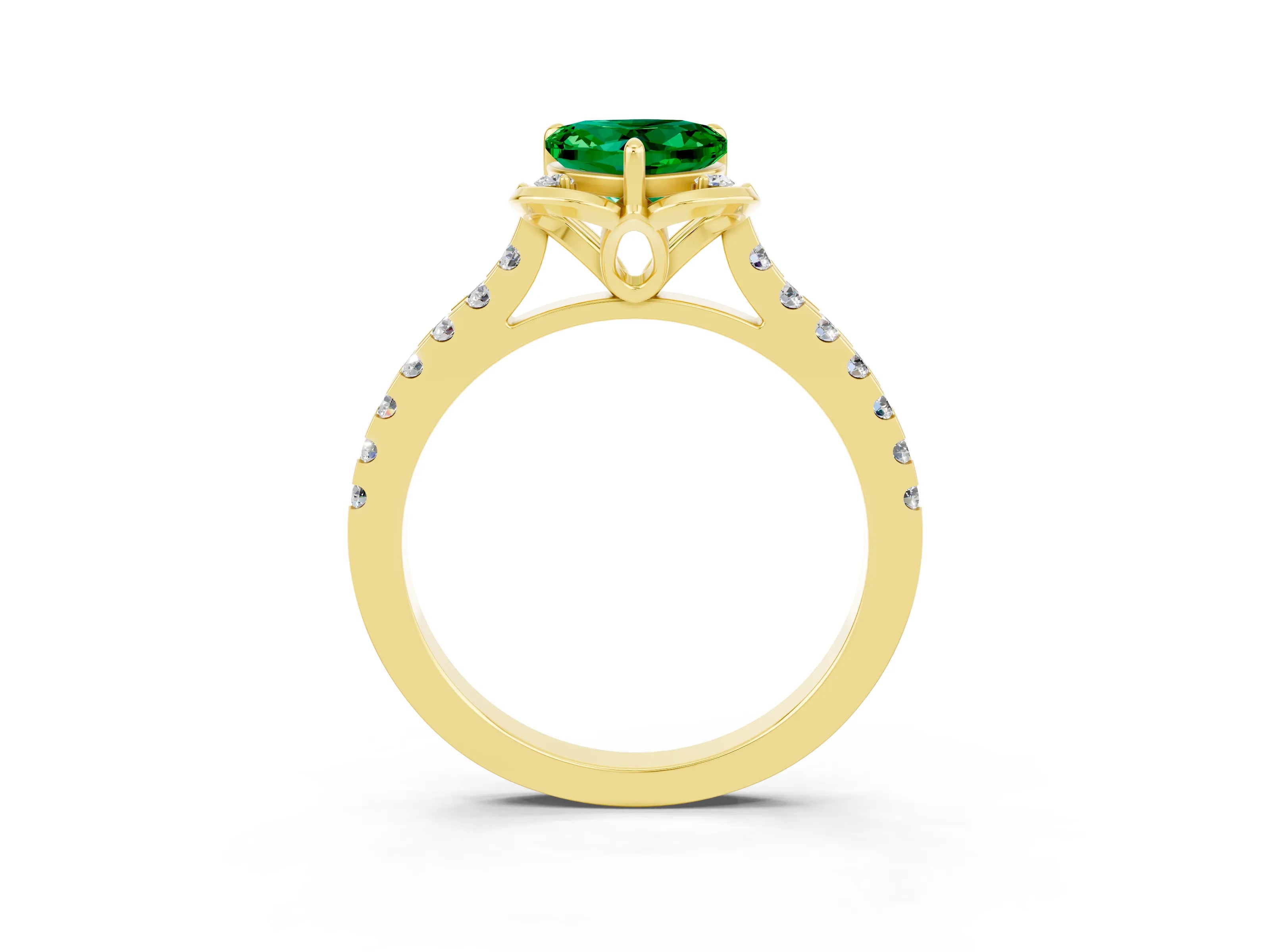 Yellow gold Heart Cut Emerald Ring with Pavé Band and Floral Prong Setting_3