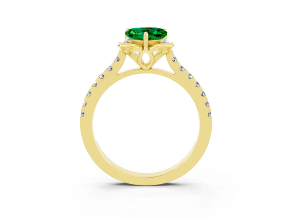 Yellow gold Heart Cut Emerald Ring with Pavé Band and Floral Prong Setting