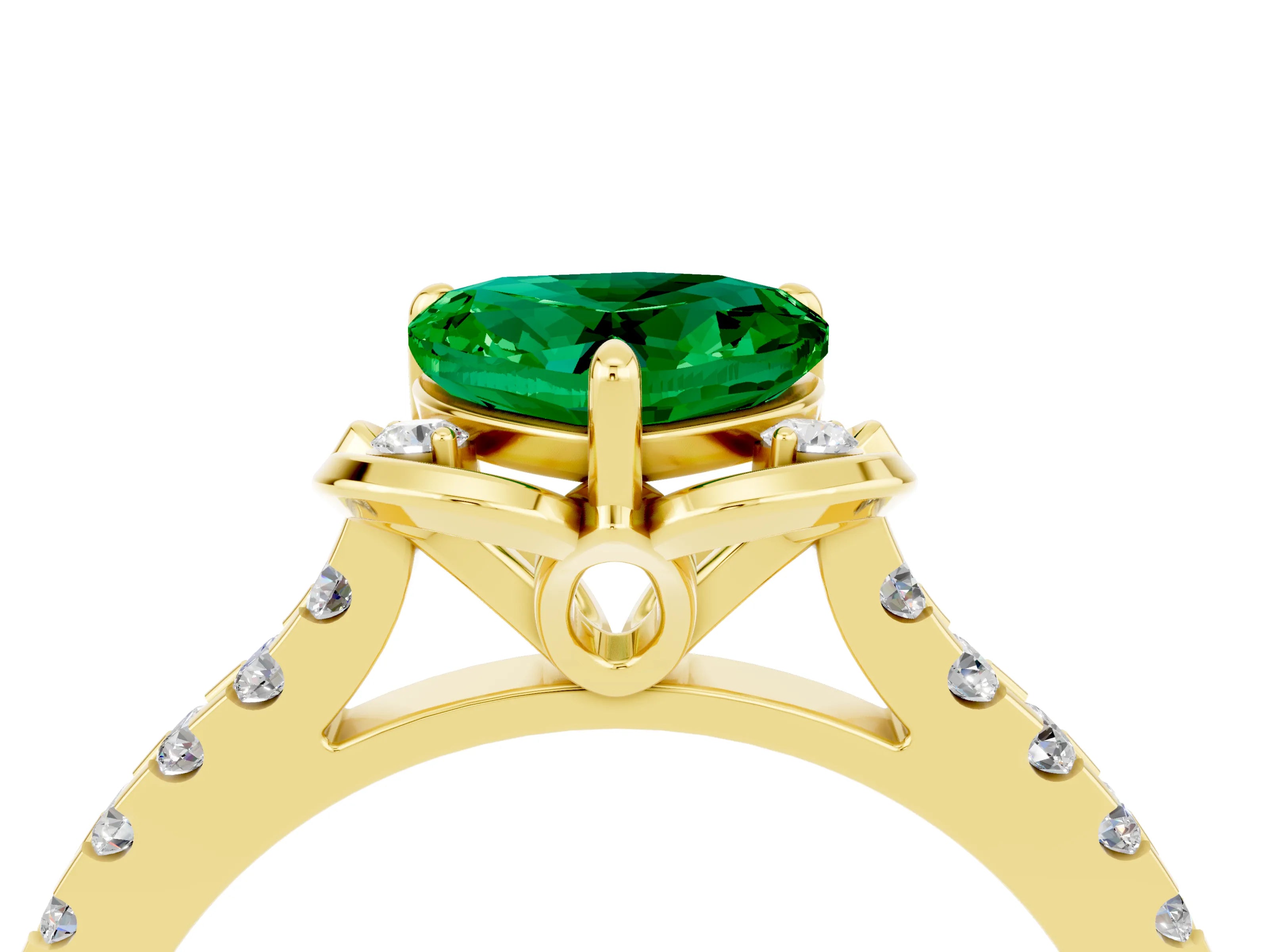 Yellow gold Heart Cut Emerald Ring with Pavé Band and Floral Prong Setting_4