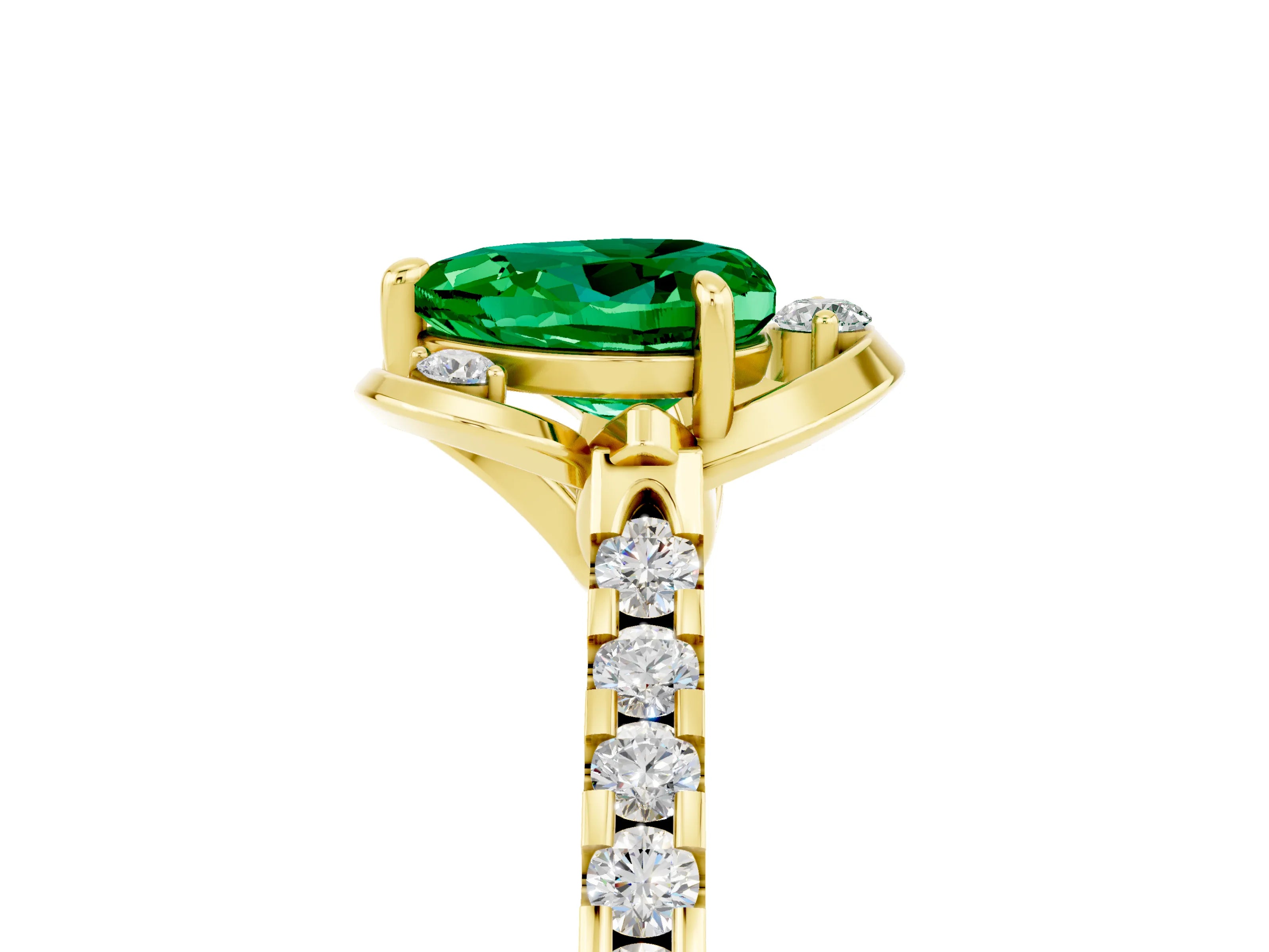 Yellow gold Heart Cut Emerald Ring with Pavé Band and Floral Prong Setting_5