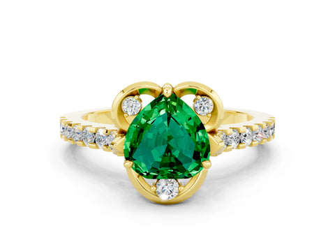 Yellow gold Heart Cut Emerald Ring with Pavé Band and Floral Prong Setting