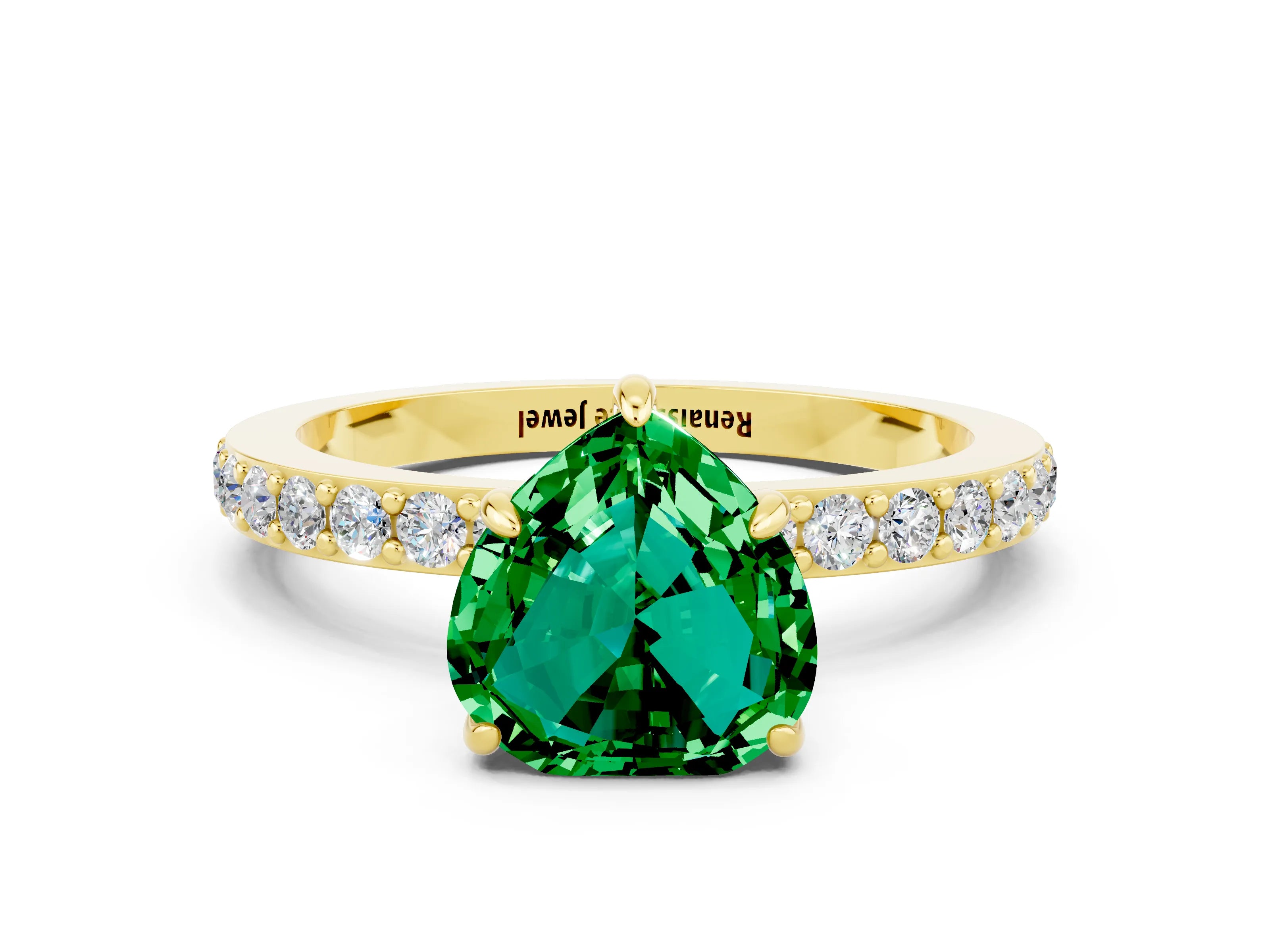 Yellow gold Heart Cut Emerald Ring with Pavé Band and Four-Prong Setting