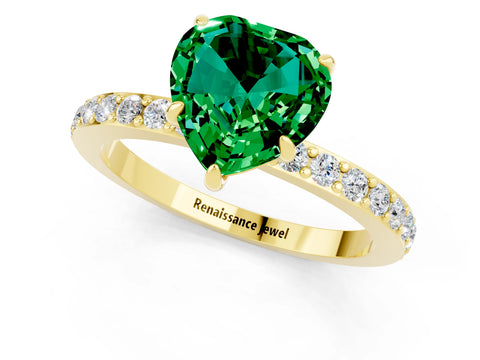 Yellow gold Heart Cut Emerald Ring with Pavé Band and Four-Prong Setting_1