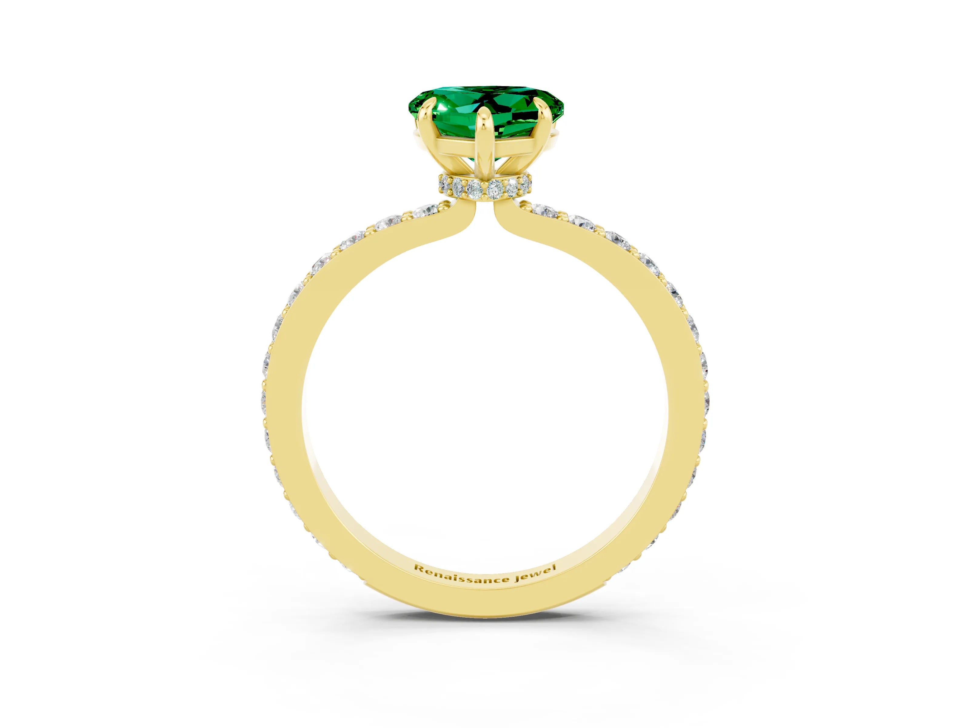 Yellow gold Heart Cut Emerald Ring with Pavé Band and Four-Prong Setting_3