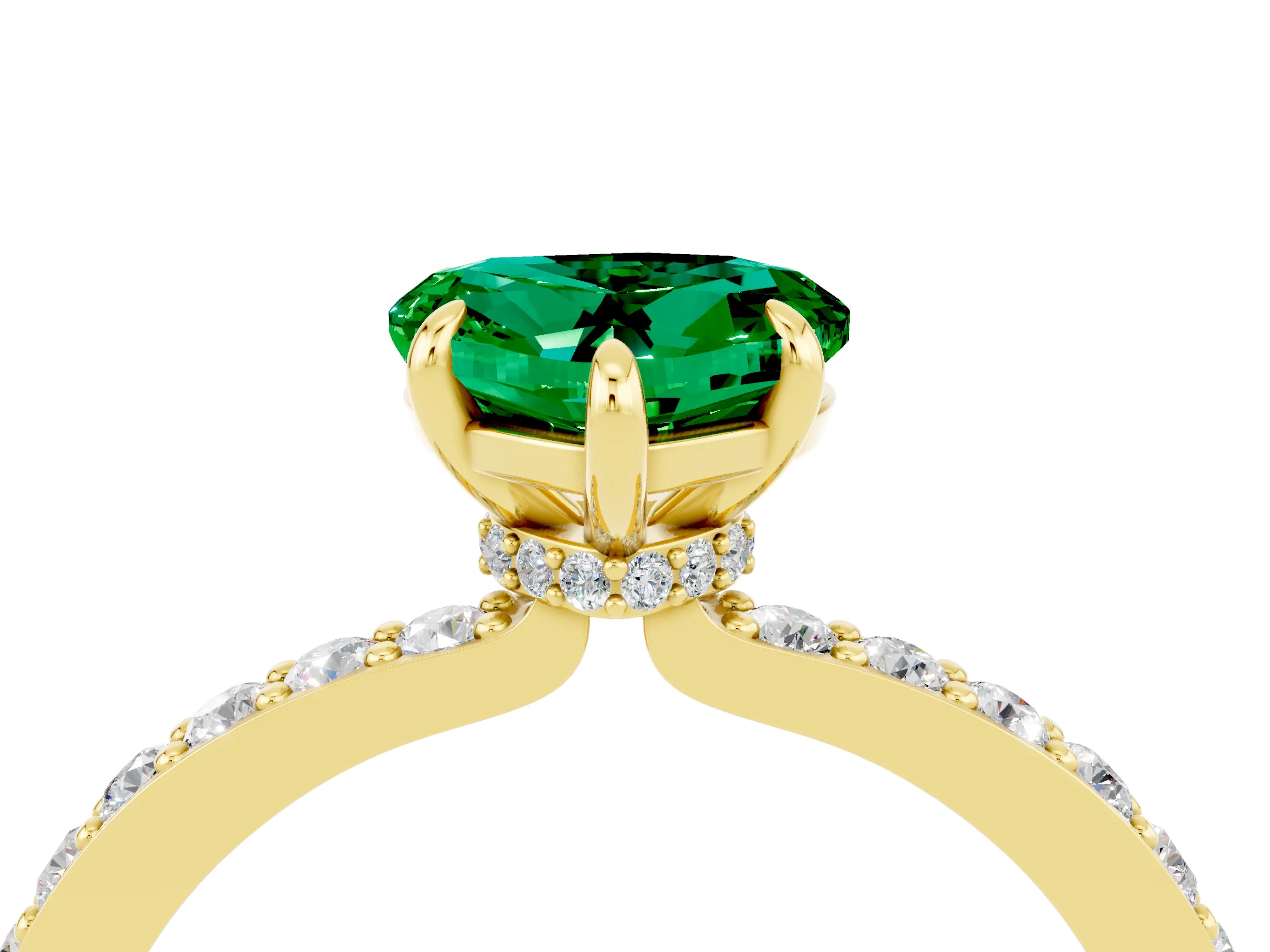 Yellow gold Heart Cut Emerald Ring with Pavé Band and Four-Prong Setting_4