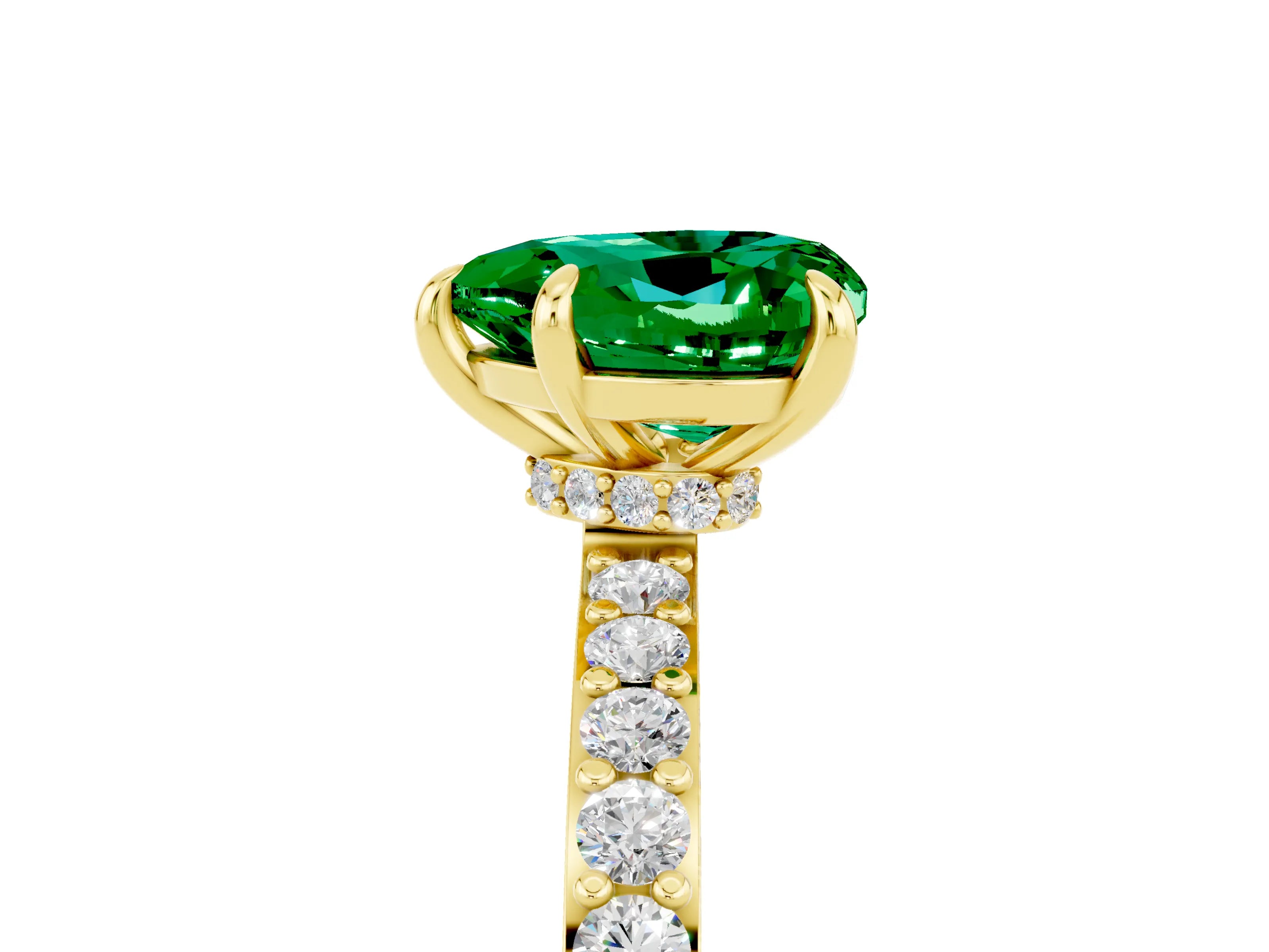 Yellow gold Heart Cut Emerald Ring with Pavé Band and Four-Prong Setting_5