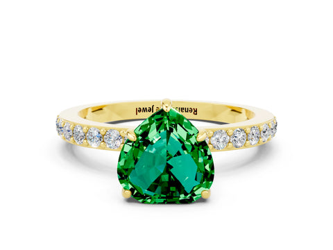Yellow gold Heart Cut Emerald Ring with Pavé Band and Four-Prong Setting