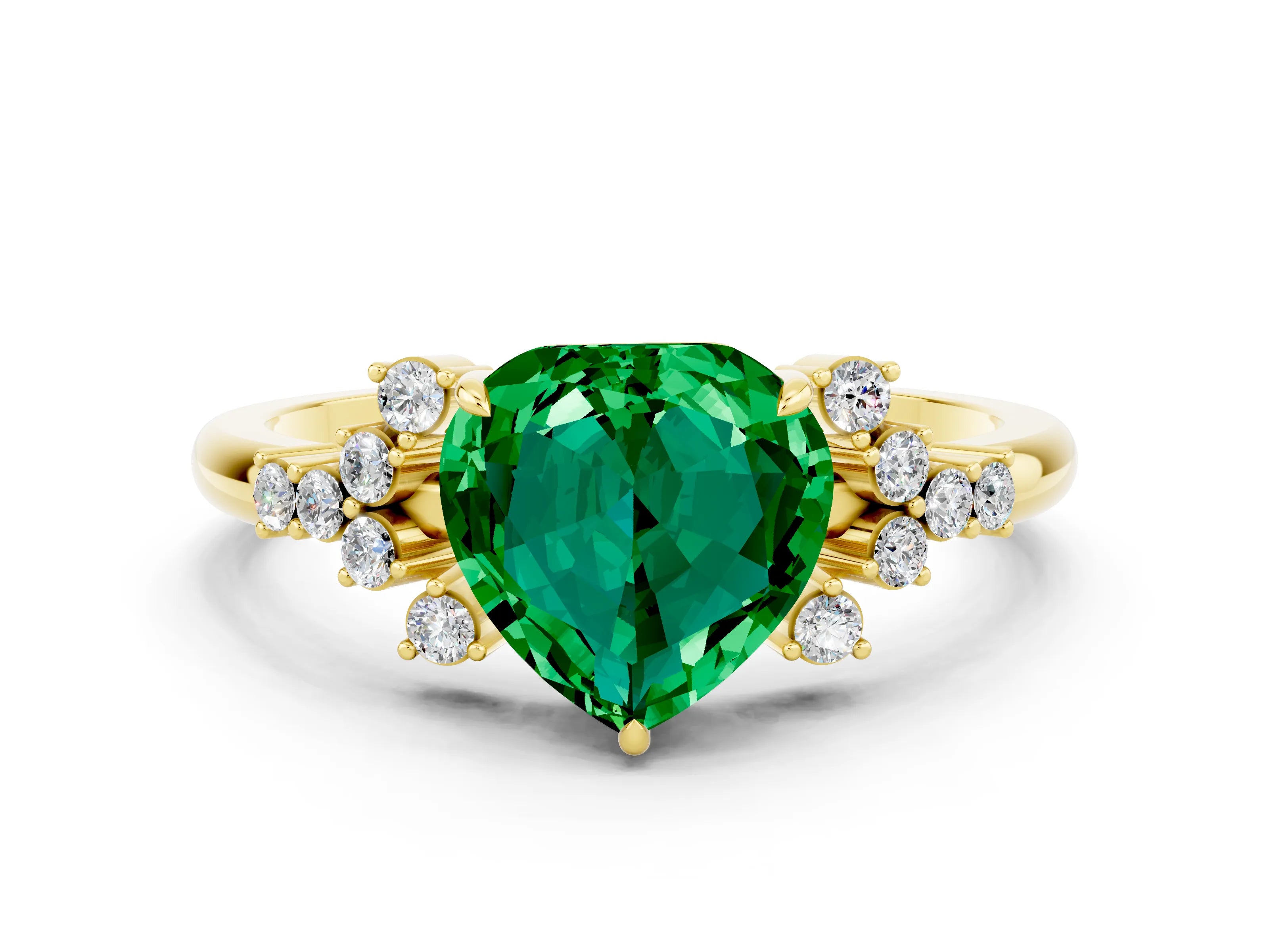 Yellow gold Heart Cut Emerald Ring with Side Stones and Four-Prong Setting_36