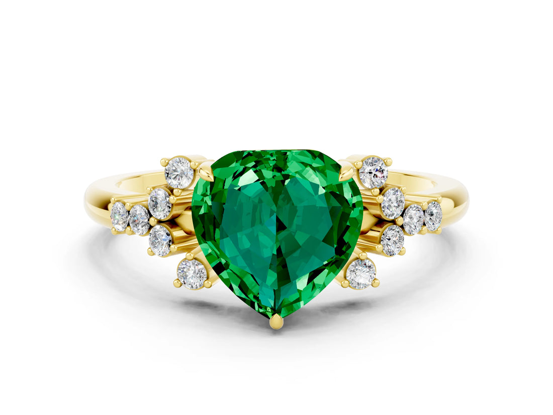 Yellow gold Heart Cut Emerald Ring with Side Stones and Four-Prong Setting_36