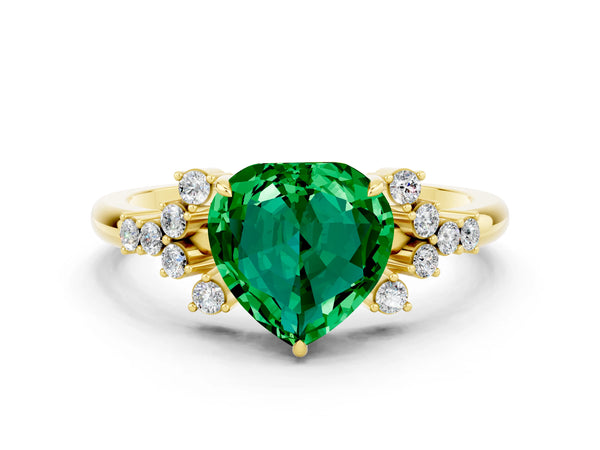 Yellow gold Heart Cut Emerald Ring with Side Stones and Four-Prong Setting