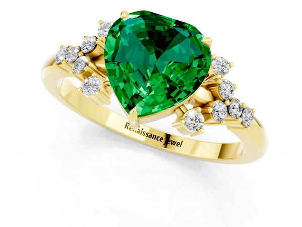 Yellow gold Heart Cut Emerald Ring with Side Stones and Four-Prong Setting