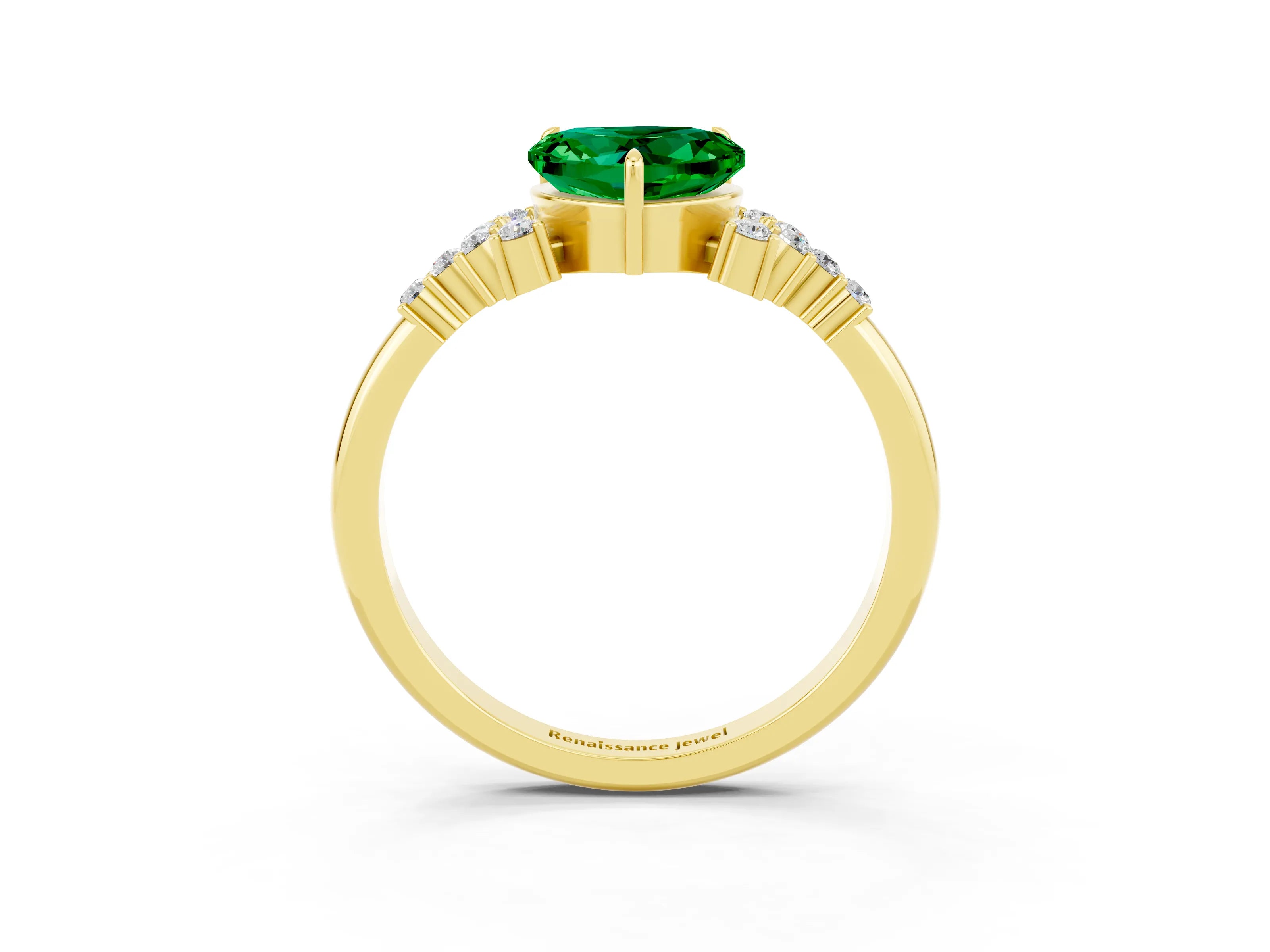 Yellow gold Heart Cut Emerald Ring with Side Stones and Four-Prong Setting_39