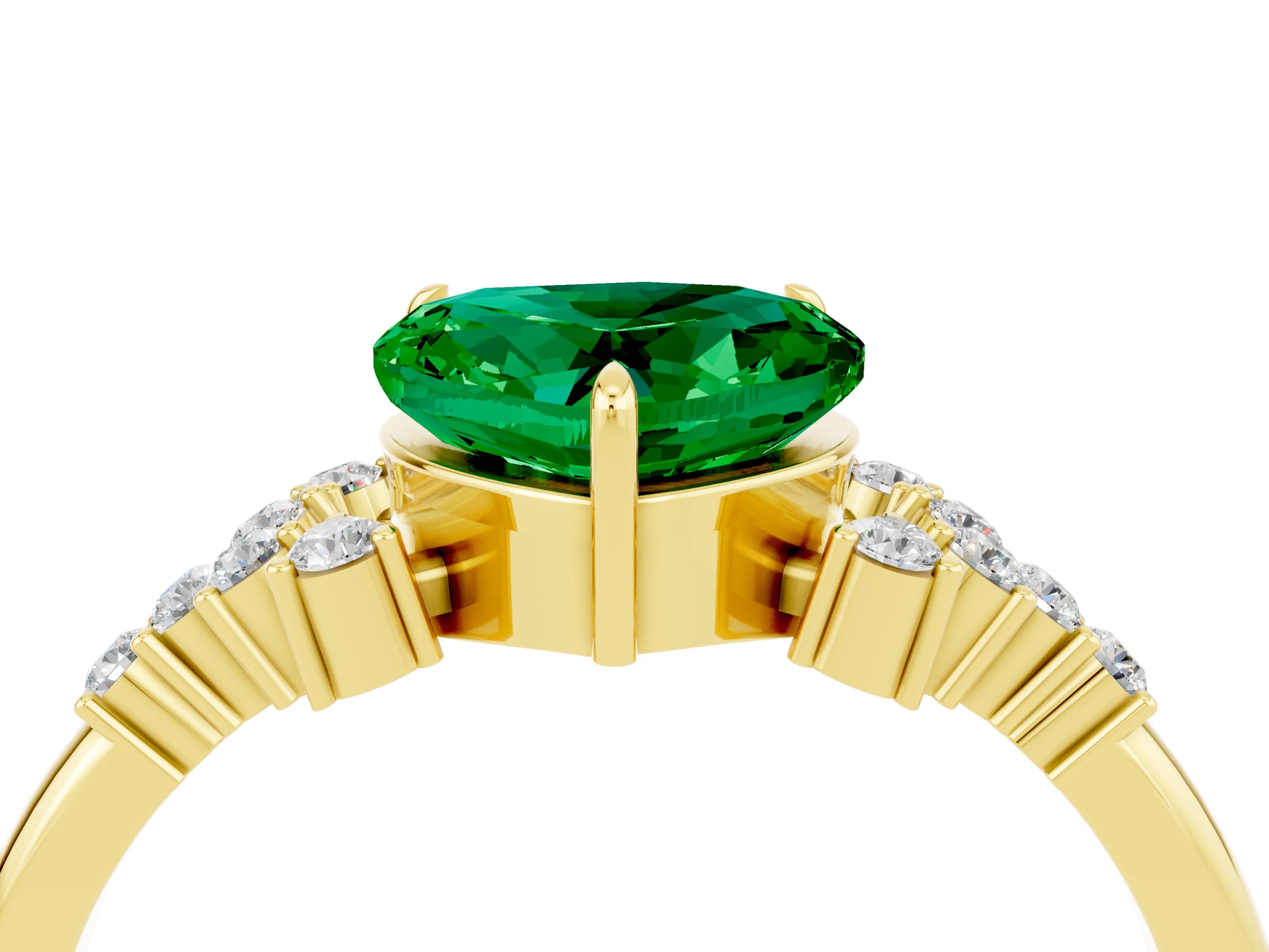 Yellow gold Heart Cut Emerald Ring with Side Stones and Four-Prong Setting_40