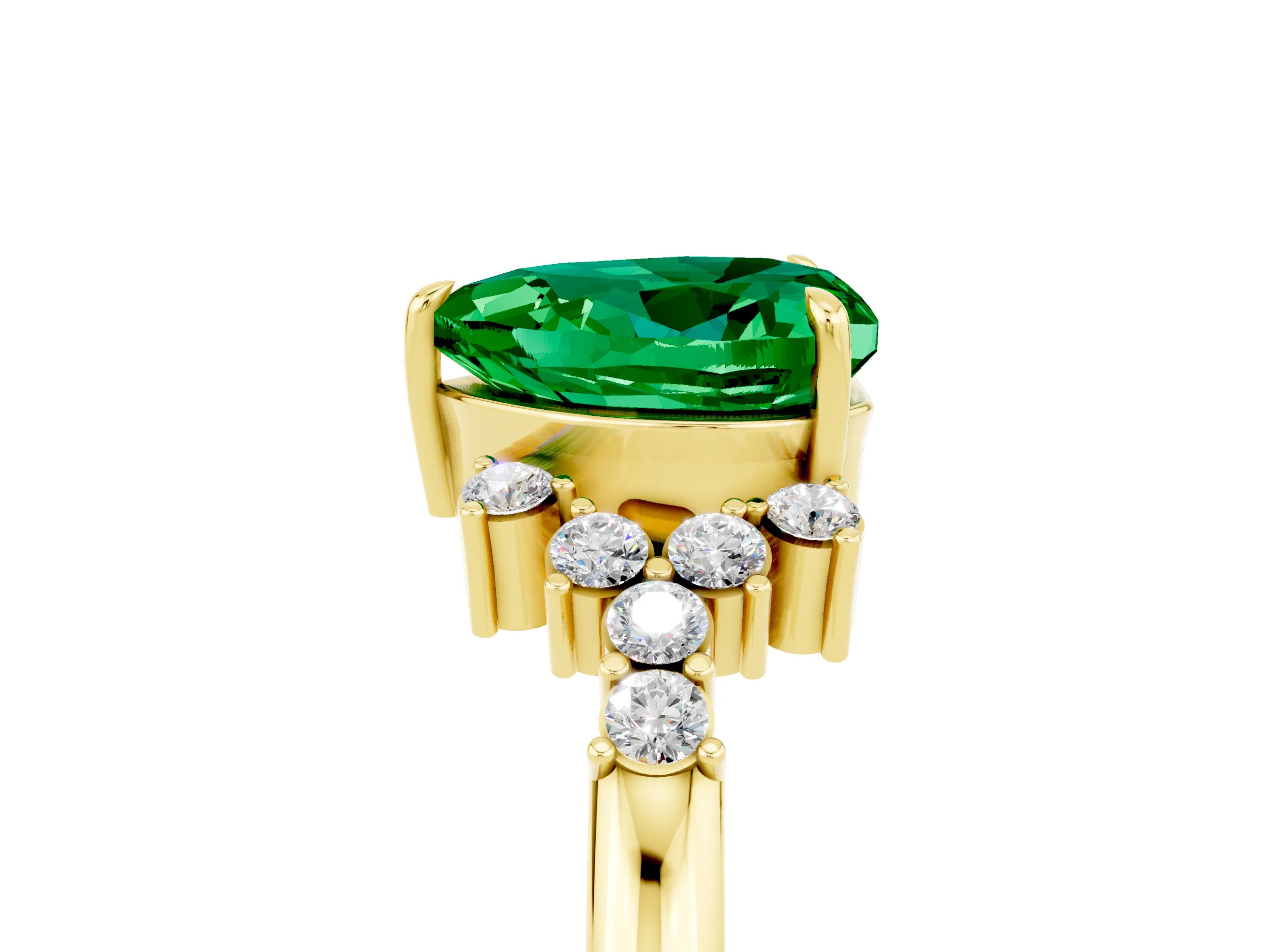 Yellow gold Heart Cut Emerald Ring with Side Stones and Four-Prong Setting_41